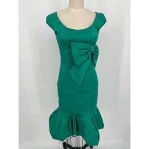 NWT Karen Millen Sheath Trumpet Dress Sz 6 Green Satin Bow